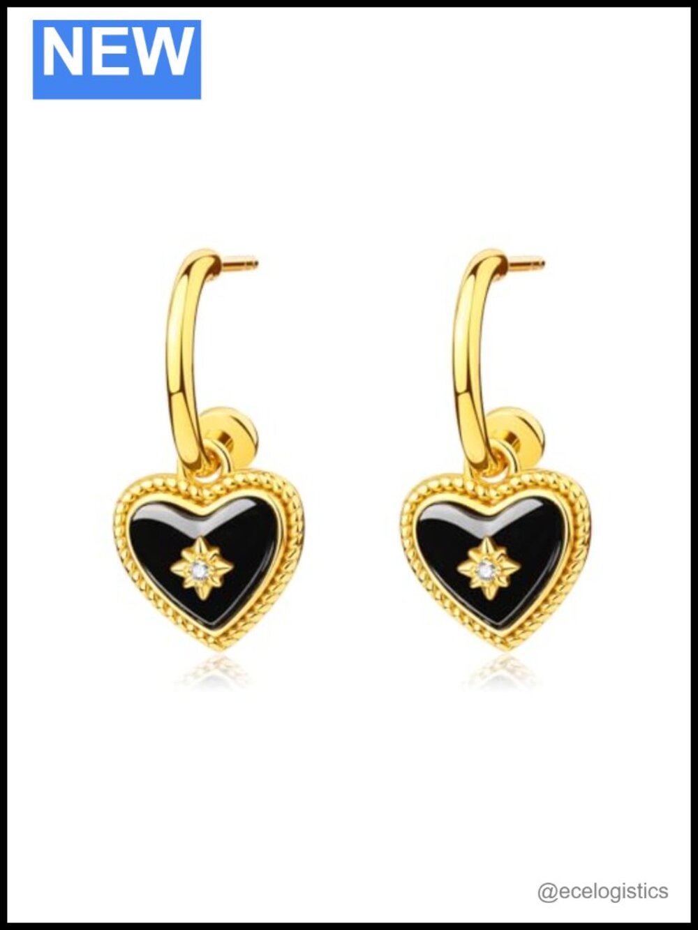 S925 Sterling Silver Black Onyx Heart Drop Stud Earrings 18K Gold Plated